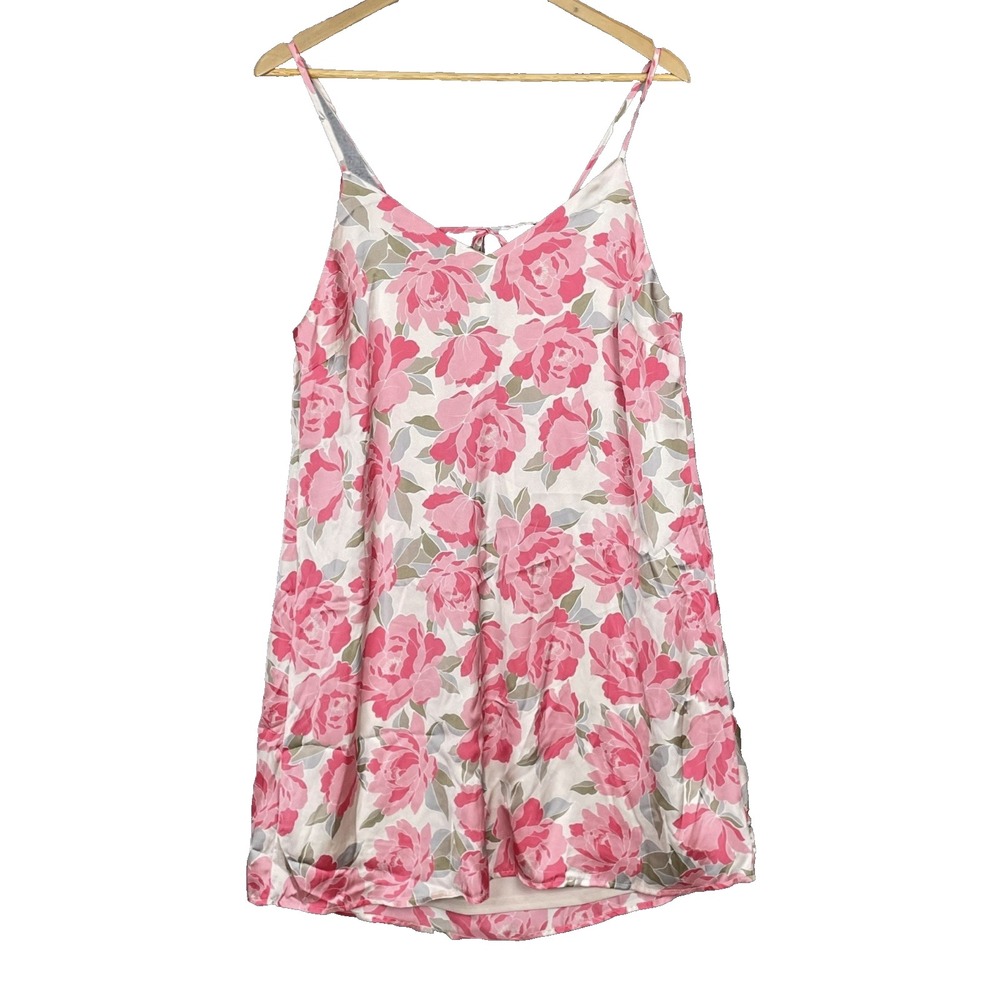 Pink Rose Print Open Back Satin Mini Slip Dress Size M‎ Feminine Romantic Dainty